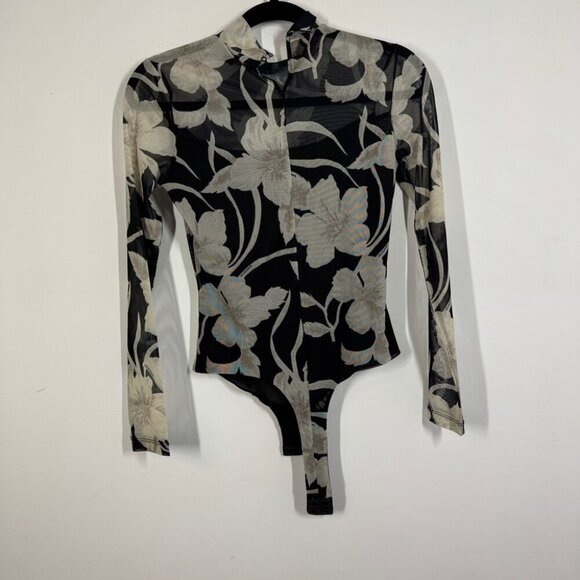 All Saints Floral Sheer Mesh Bodysuit Black Beige Size 2 Long Sleeve Top - Picture 10 of 16